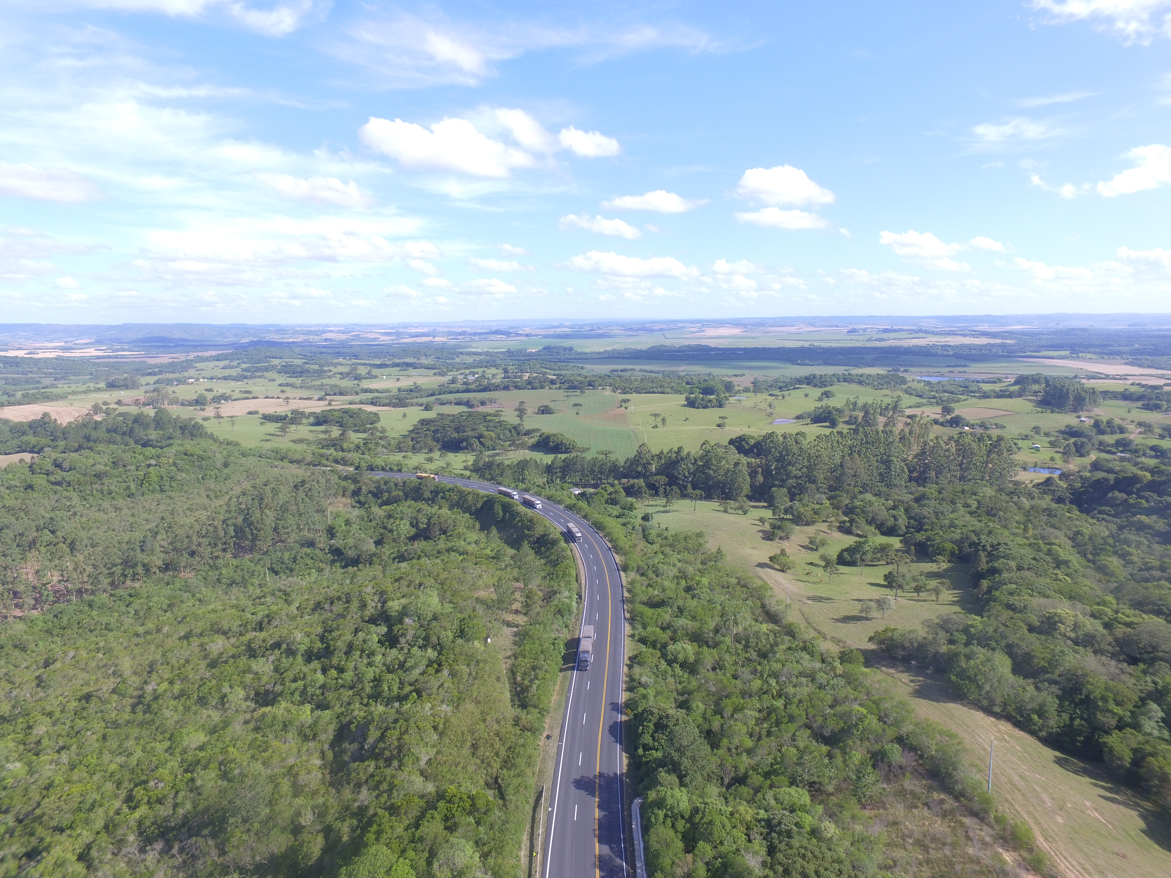 Trecho de estrada asfaltada em meio à vegetação. O céu está azul