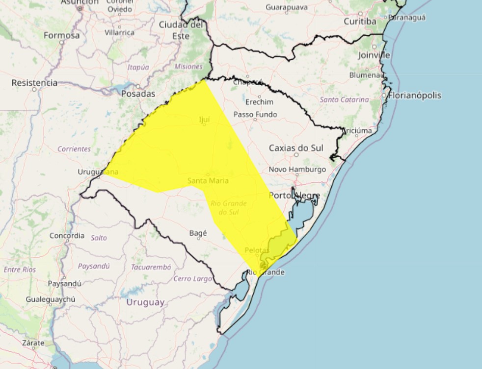 Alerta amarelo de tempestade expedido para o Rio Grande do Sul.