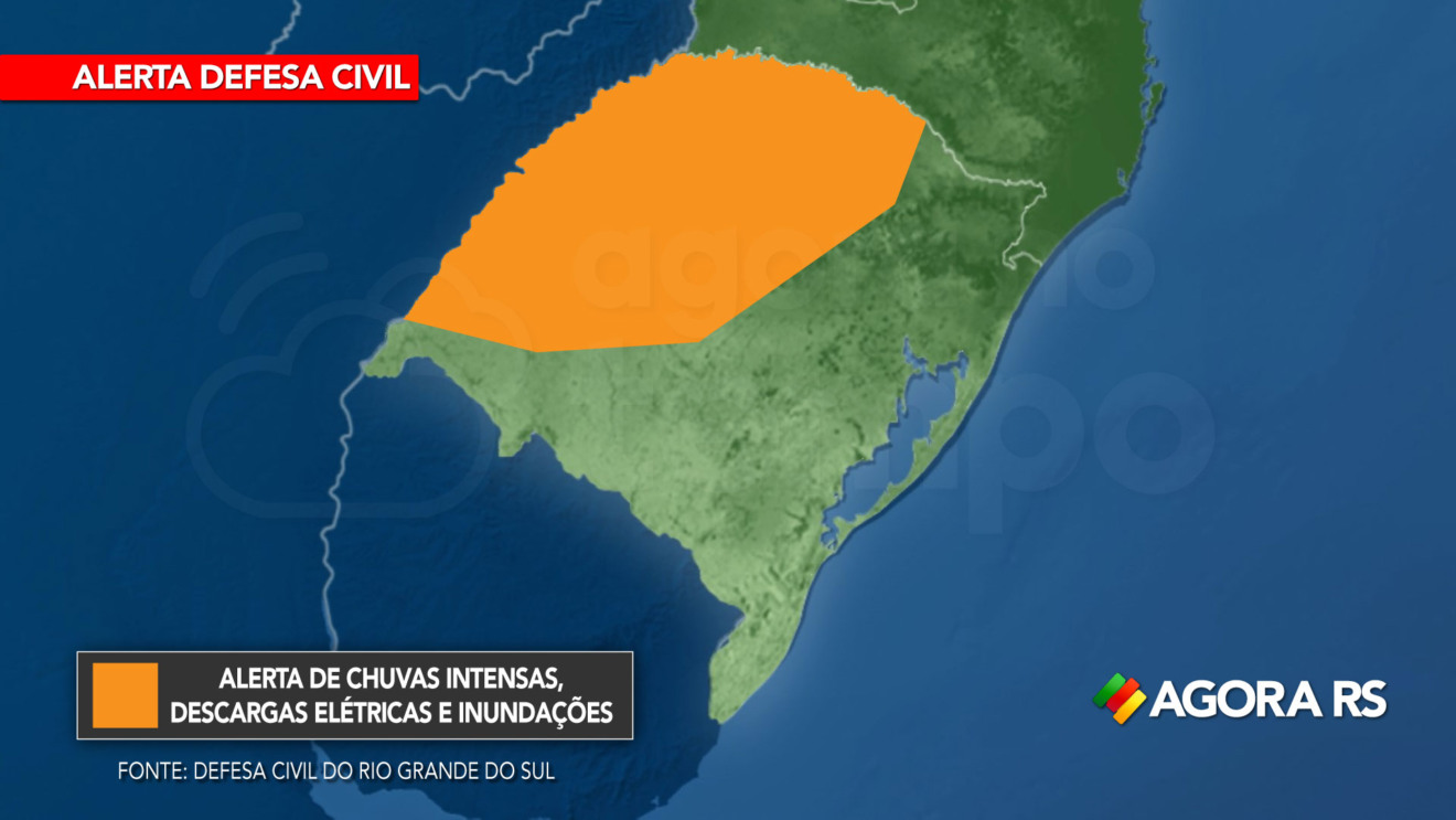 Mapa do Rio Grande do Sul destaca municípios que receberam alerta da Defesa Civil para chuvas intensas na Fronteira Oeste, Campanha, região Central, Noroeste e Norte do RS.