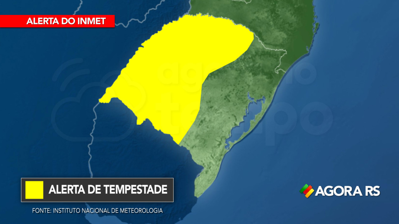 Mapa do Rio Grande do Sul destaca municípios que receberam alerta do Inmet para tempestade na Fronteira Oeste, Campanha, região Central, região Noroeste e Norte do RS.