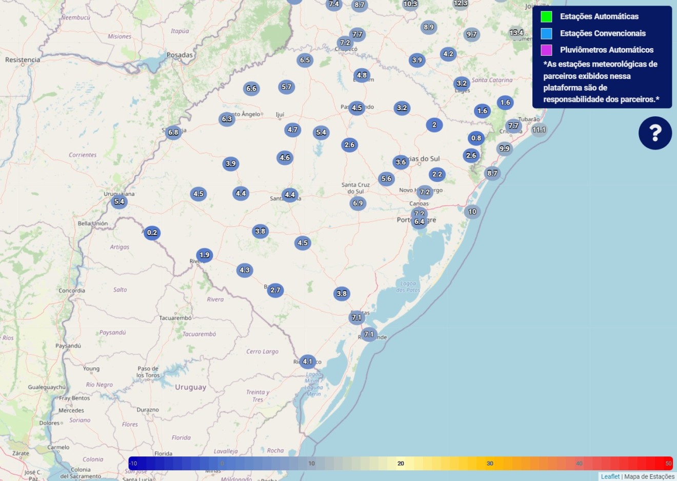 Mapa do Rio Grande do Sul com as temperaturas mínimas nas cidades onde há estações do INMET.
