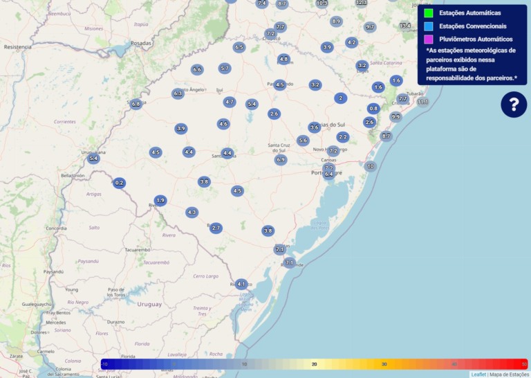 Mapa do Rio Grande do Sul com as temperaturas m&iacute;nimas nas cidades onde h&aacute; esta&ccedil;&otilde;es do INMET.