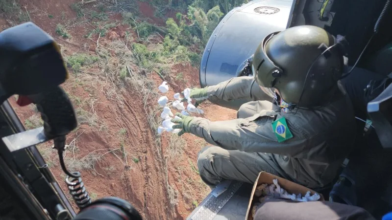 Os mixes de sementes, embalados em papel de germinação, foram lançados de helicópteros sobre as áreas afetadas - Foto: Exército Brasileiro