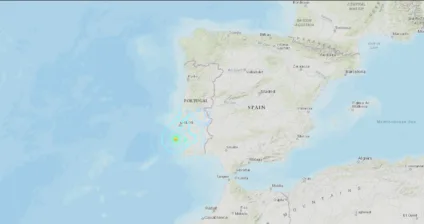 Mapa do USGS mostra onda de choque de terremoto que atingiu Portugal.