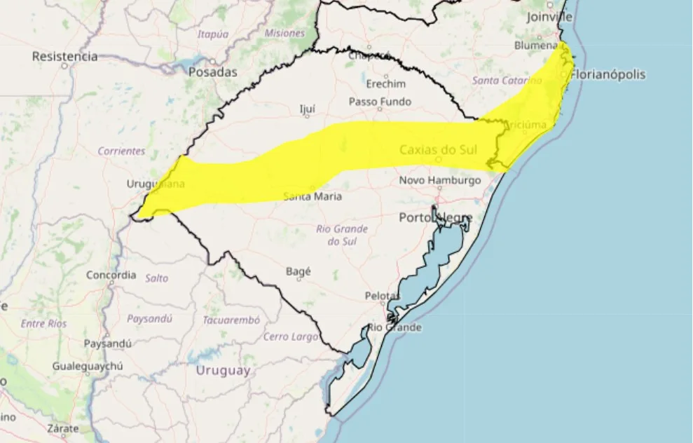 Mapa destaca o alerta amarelo de tempestade publicado pelo Inmet, abrangendo parte do Rio Grande do Sul.