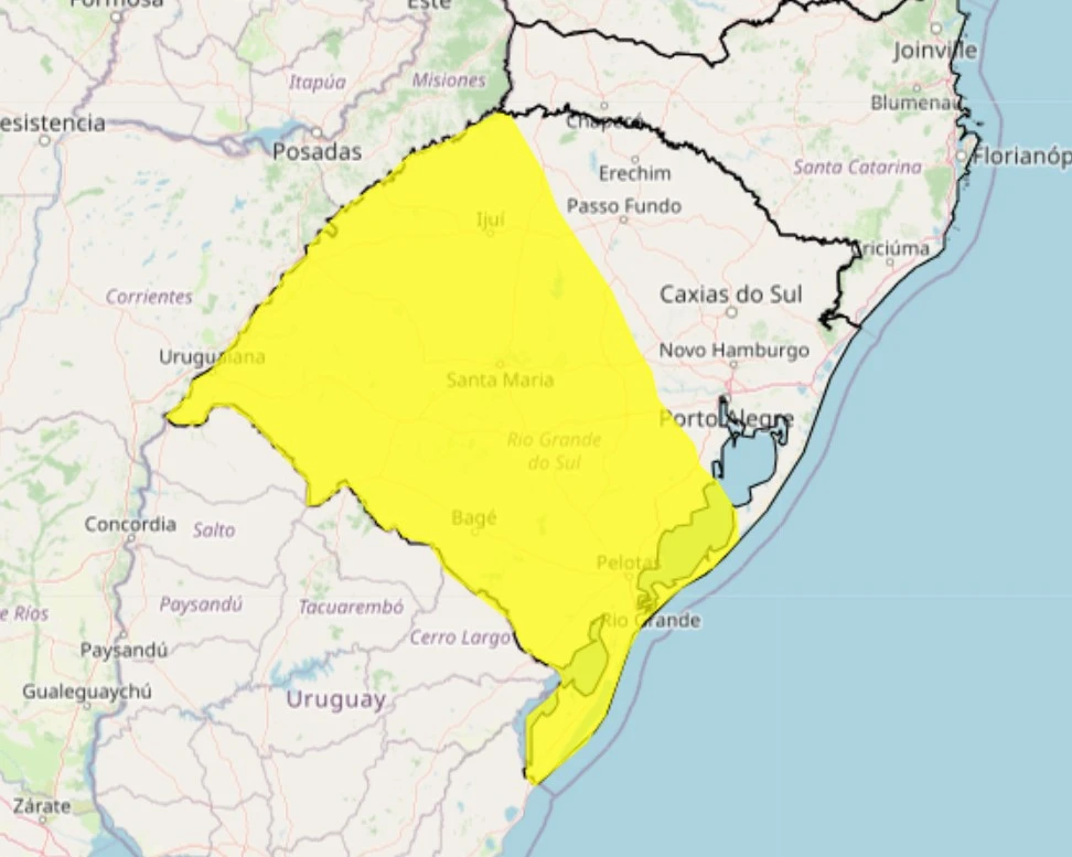 Mapa destacando o alerta de tempestade publicado pelo Inmet, abrangendo partes do Rio Grande do Sul.