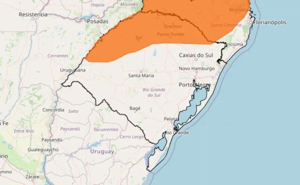 Mapa destaca o alerta laranja de tempestade publicado pelo Inmet, abrangendo parte do Rio Grande do Sul.