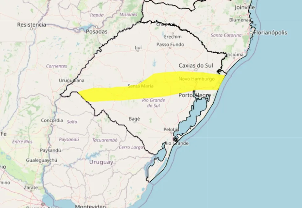 Mapa destaca o alerta amarelo de chuvas intensas, publicado pelo Inmet, abrangendo parte do Rio Grande do Sul.