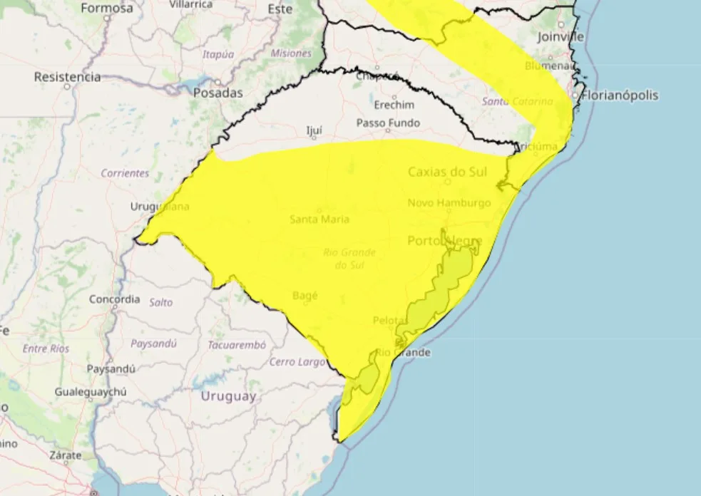 Mapa destaca o alerta amarelo de tempestade publicado pelo Inmet, abrangendo parte do Rio Grande do Sul.