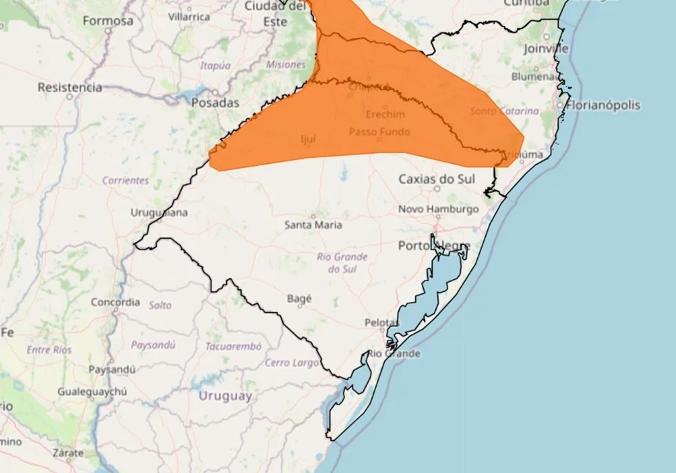 Mapa destaca o alerta laranja de tempestade publicado pelo Inmet, abrangendo parte do Rio Grande do Sul.