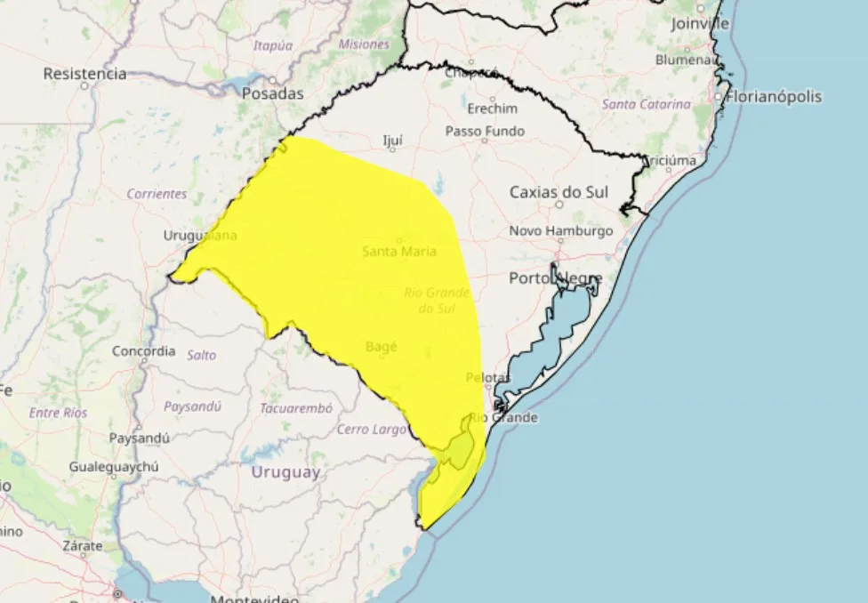 Mapa destaca o alerta amarelo de tempestade publicado pelo Inmet, abrangendo parte do Rio Grande do Sul.