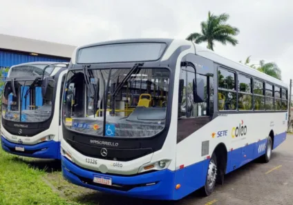 Imagem de um ônibus Mascarello, com cores azul e branca e acessibilidade para cadeirantes.