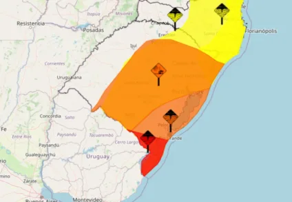 Mapa do Rio Grande do Sul com os alertas vigentes neste domingo. Crédito: Inmet / Divulgação