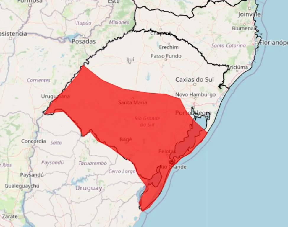 Mapa do Rio Grande do Sul. Em destaque está a área com alerta vermelho de tempestade.