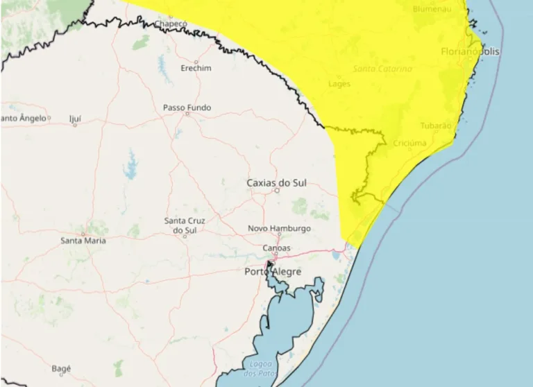 Mapa das regi&otilde;es do RS sob alerta amarelo para chuvas intensas do Inmet para 25/12/2024. 