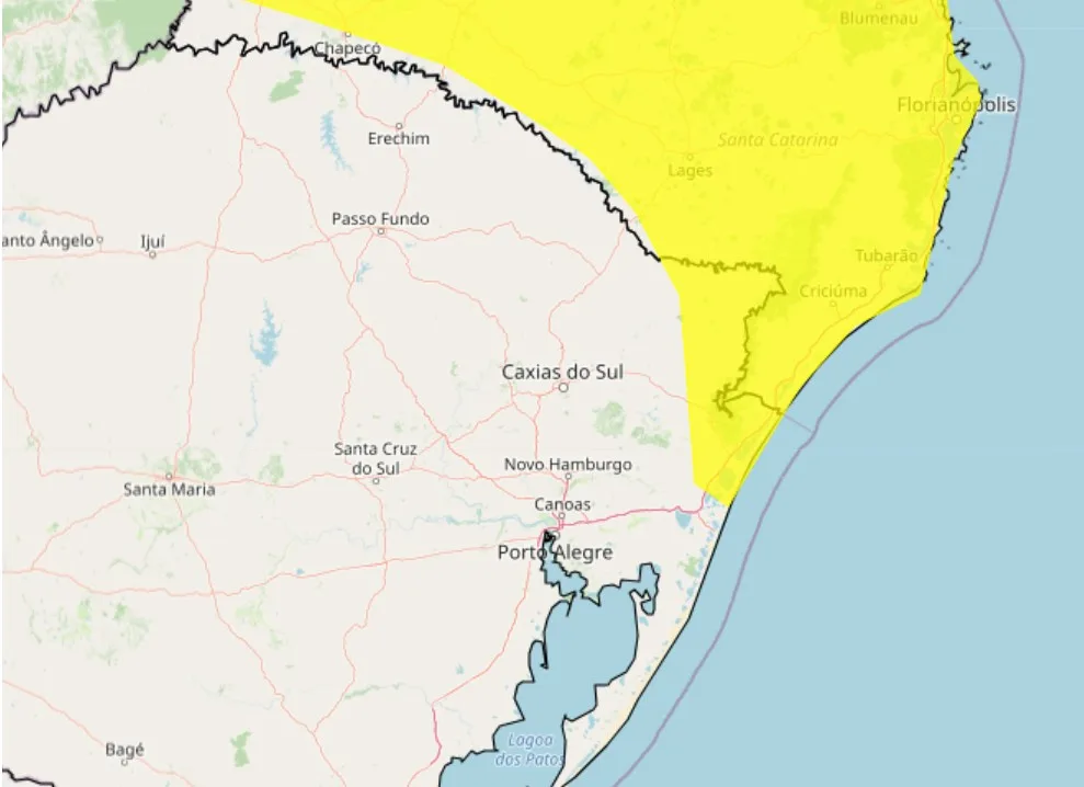 Mapa das regiões do RS sob alerta amarelo para chuvas intensas do Inmet para 25/12/2024. 