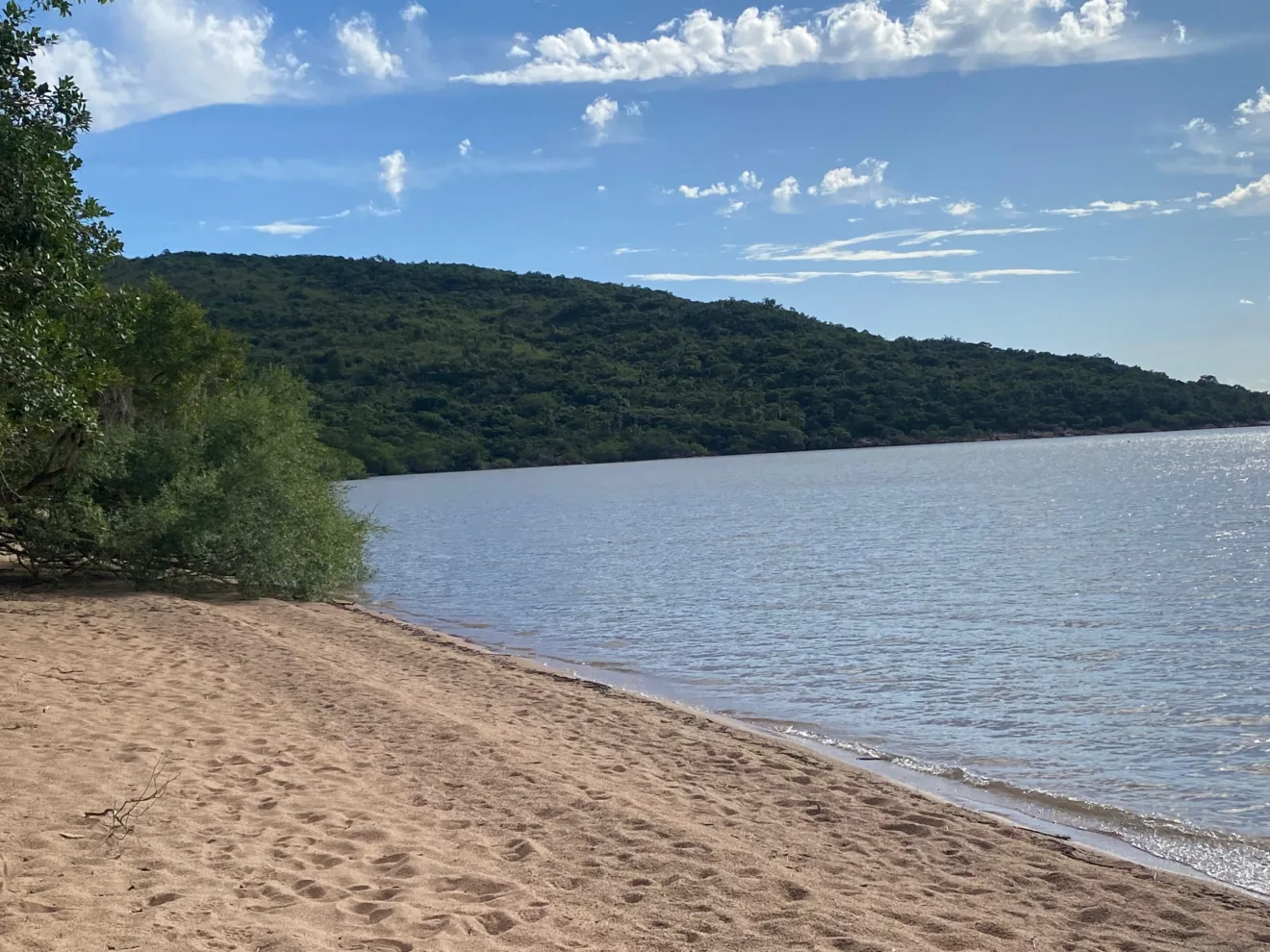 Praia tranquila com areia dourada e vegetação ao fundo, destacando a beleza natural da paisagem à beira do lago sob um céu azul.