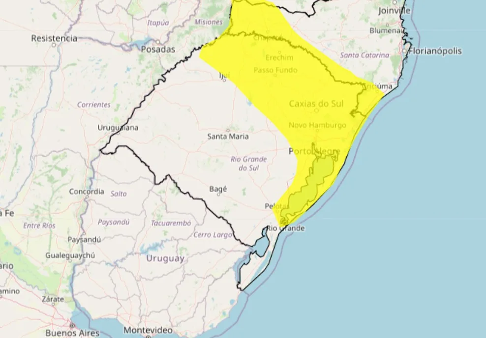 Mapa das regiões do RS sob alerta amarelo para chuvas intensas entre dia 24 e 25/12/2024.