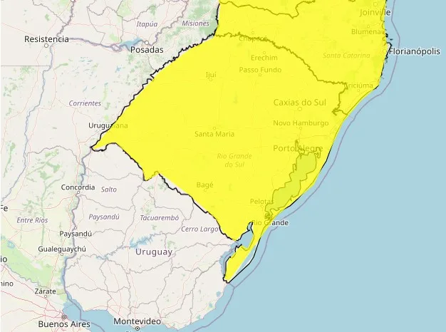 Mapa destaca o alerta amarelo de chuvas intensas, publicado pelo Inmet, abrangendo todo o Rio Grande do Sul.