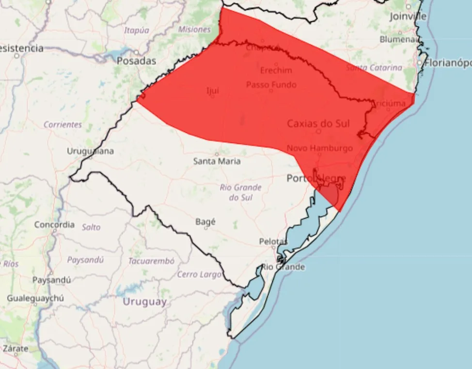 Mapa do Rio Grande do Sul. Em destaque está a área com alerta vermelho de tempestade.