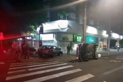 Acidente de carro à noite com veículo capotado e presença policial na rua 24 de Outubro, em Porto Alegre.