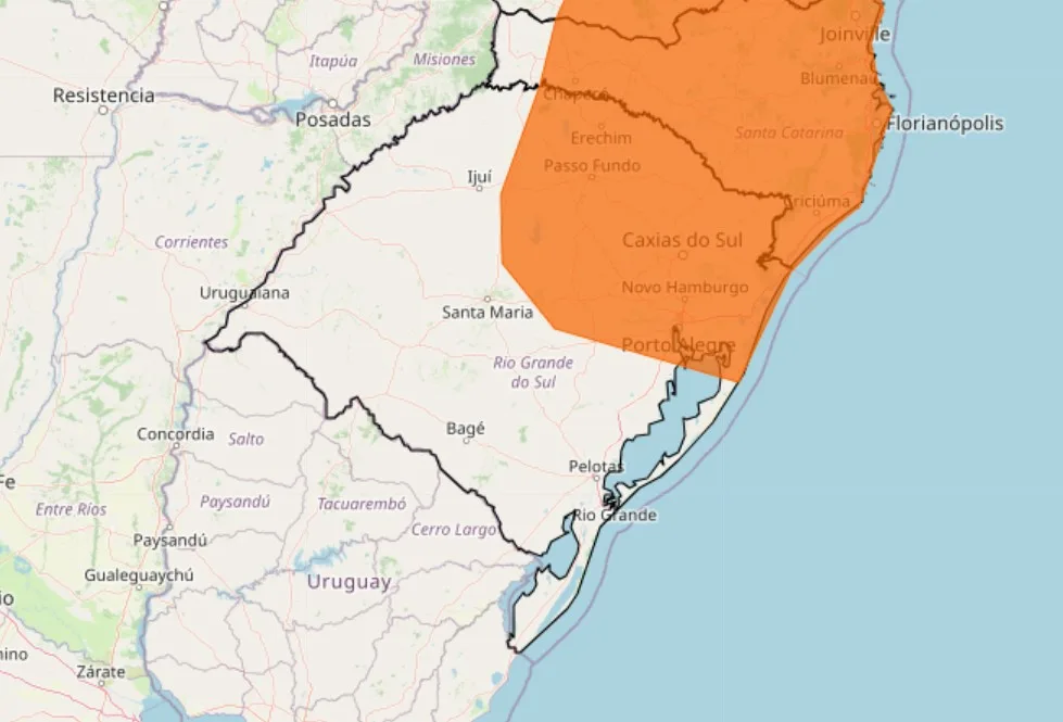 Alerta laranja de tempestade publicado pelo Inmet entre 01/01/2025 e 02/01/2025.