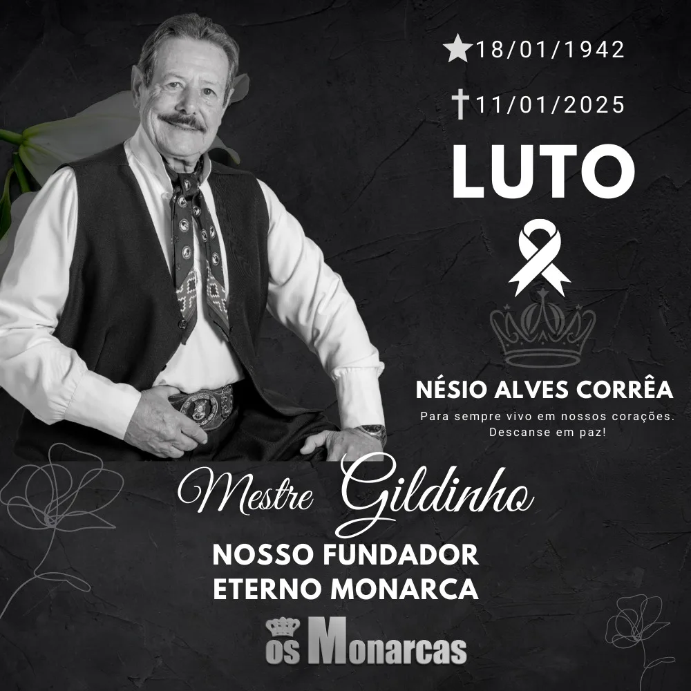 Imagem em homenagem a Nésio Alves Corrêa, conhecido como Gildinho, em luto, com informações sobre sua vida e legado.