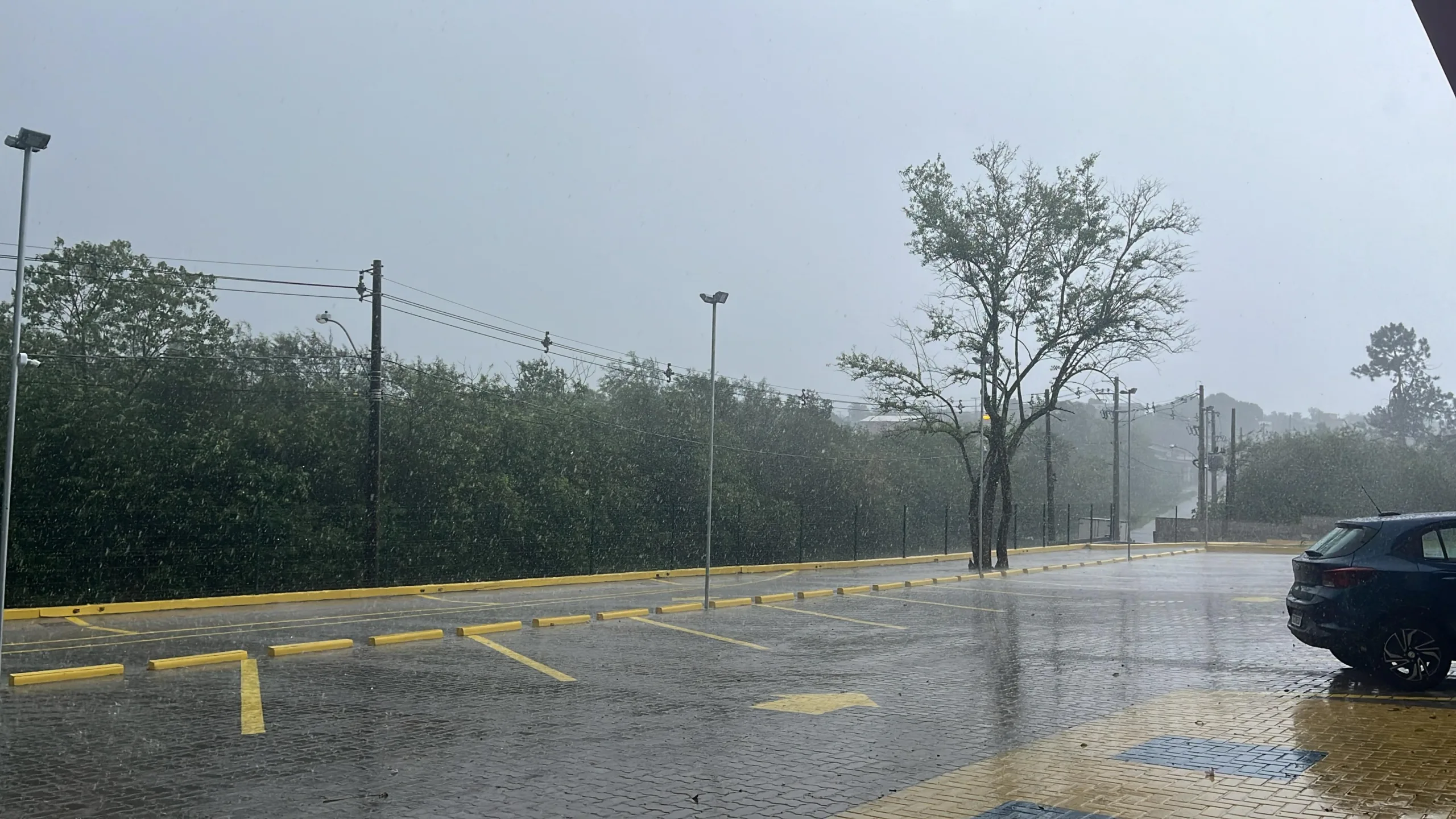 Imagem de tempestade com chuva forte em um estacionamento vazio, mostrando árvores e postes ao fundo, evidenciando o clima úmido e nublado.