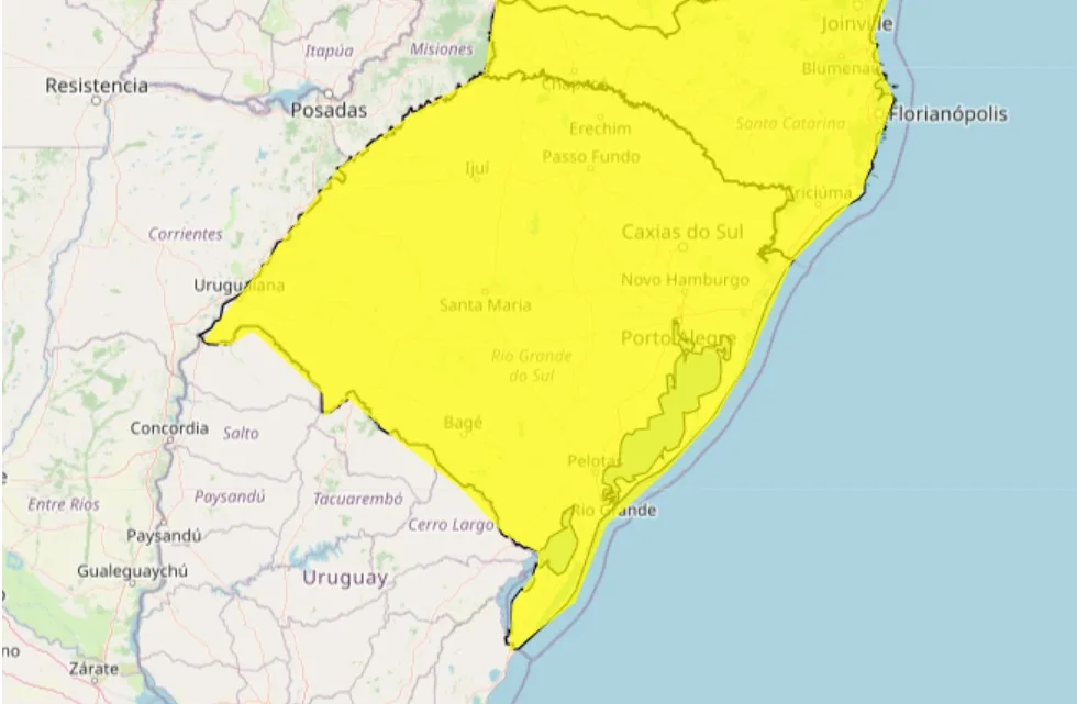 Alerta amarelo de tempestade publicado pelo Inmet entre 01/01/2025 e 02/01/2025.