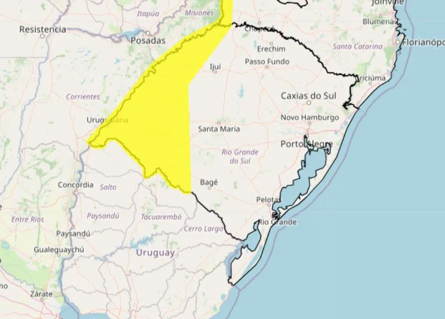 Mapa mostra alerta amarelo para baixa umidade relativa do ar em parte do RS.