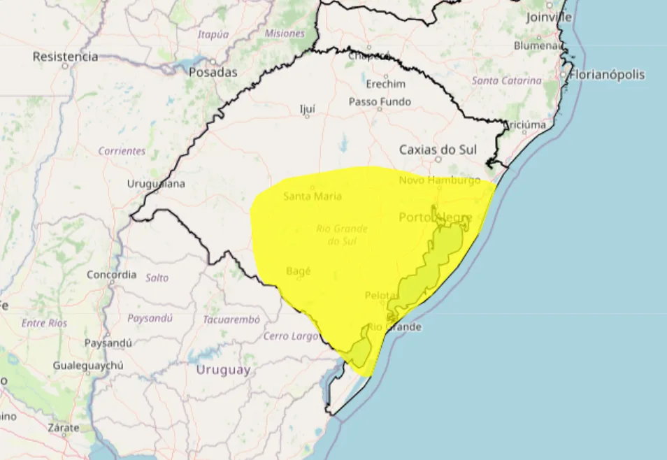 Alerta amarelo de tempestade publicado pelo Inmet para esta quarta-feira, 16 de janeiro de 2025.