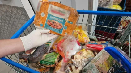 Imagem de um carrinho de supermercado cheio de alimentos congelados, com destaque para a embalagem de empanadinhos em mãos de uma pessoa usando luvas.