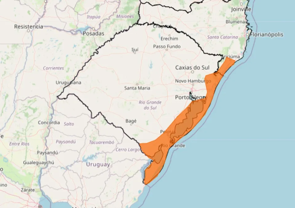 Mapa destacando a área com alerta laranja para onda de calor no RS.