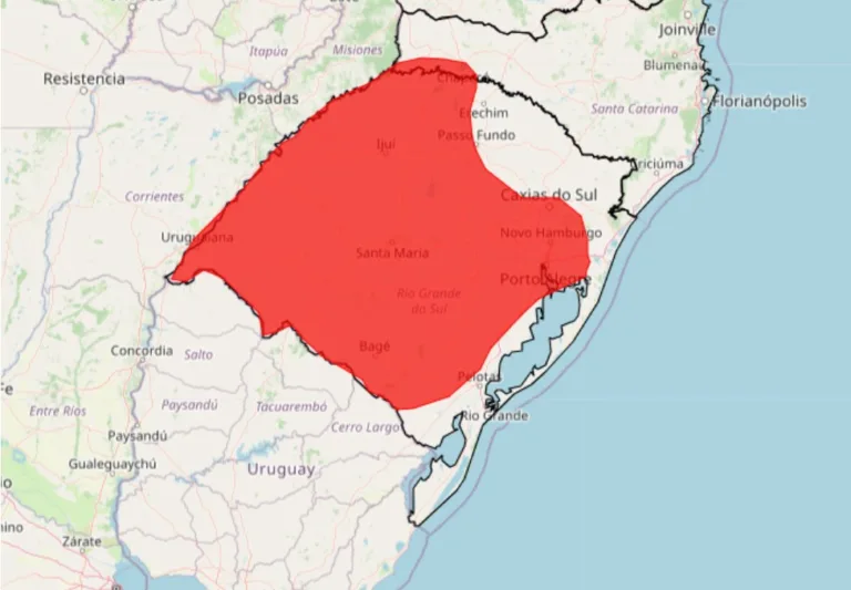 Mapa destacando a &aacute;rea em alerta vermelho para onda de calor, abrangendo regi&otilde;es do Rio Grande do Sul e Santa Catarina.