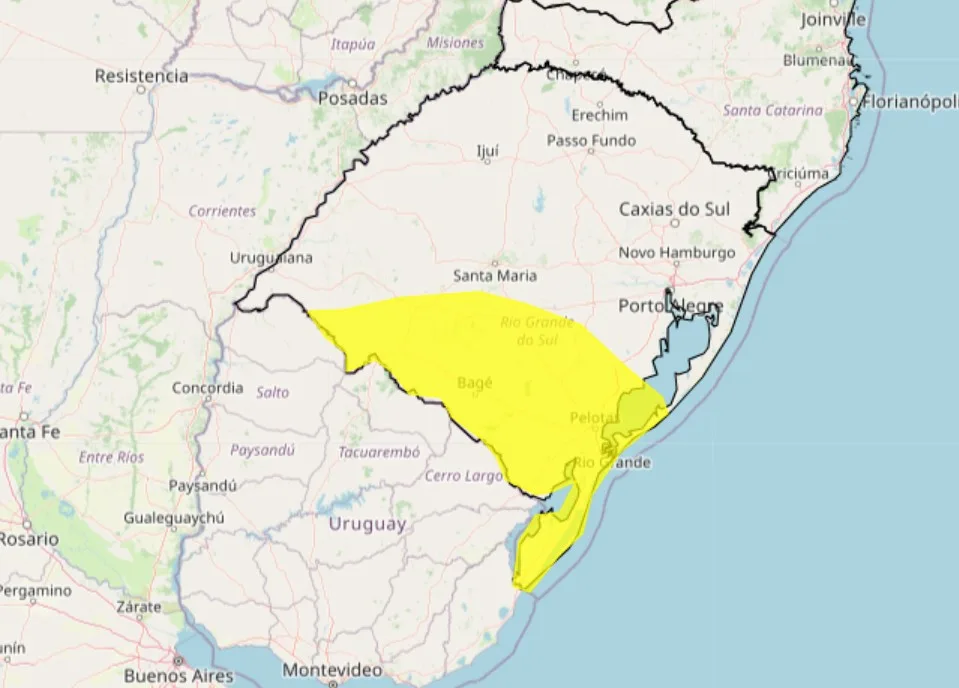 Mapa destacando a área com alerta amarelo de tempestade no sul do RS, indicando regiões afetadas por condições climáticas severas.