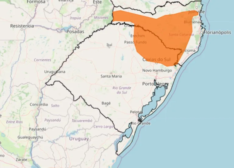 Mapa destacando a &aacute;rea com alerta laranja para onda de calor no RS.