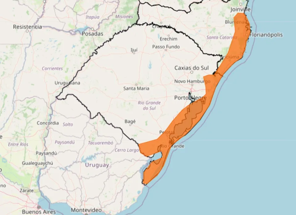 Mapa destacando a área com alerta laranja para onda de calor no RS.