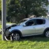 Imagem de um carro prata colidido com um poste em um campo verde. O carro apresenta danos significativos e janelas quebradas.