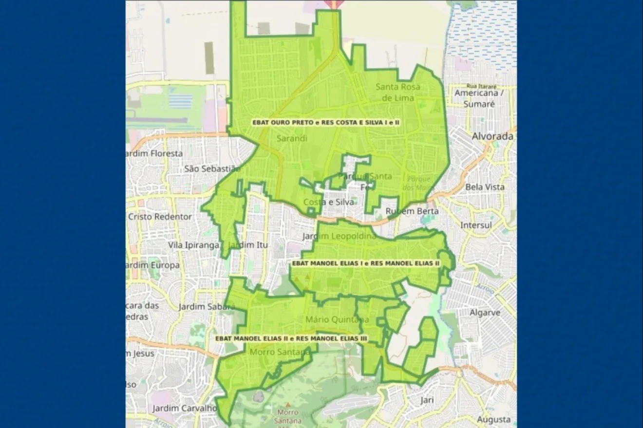 Mapa da zona norte de Porto Alegre. Áreas em verde apresentam falta de água, conforme DMAE