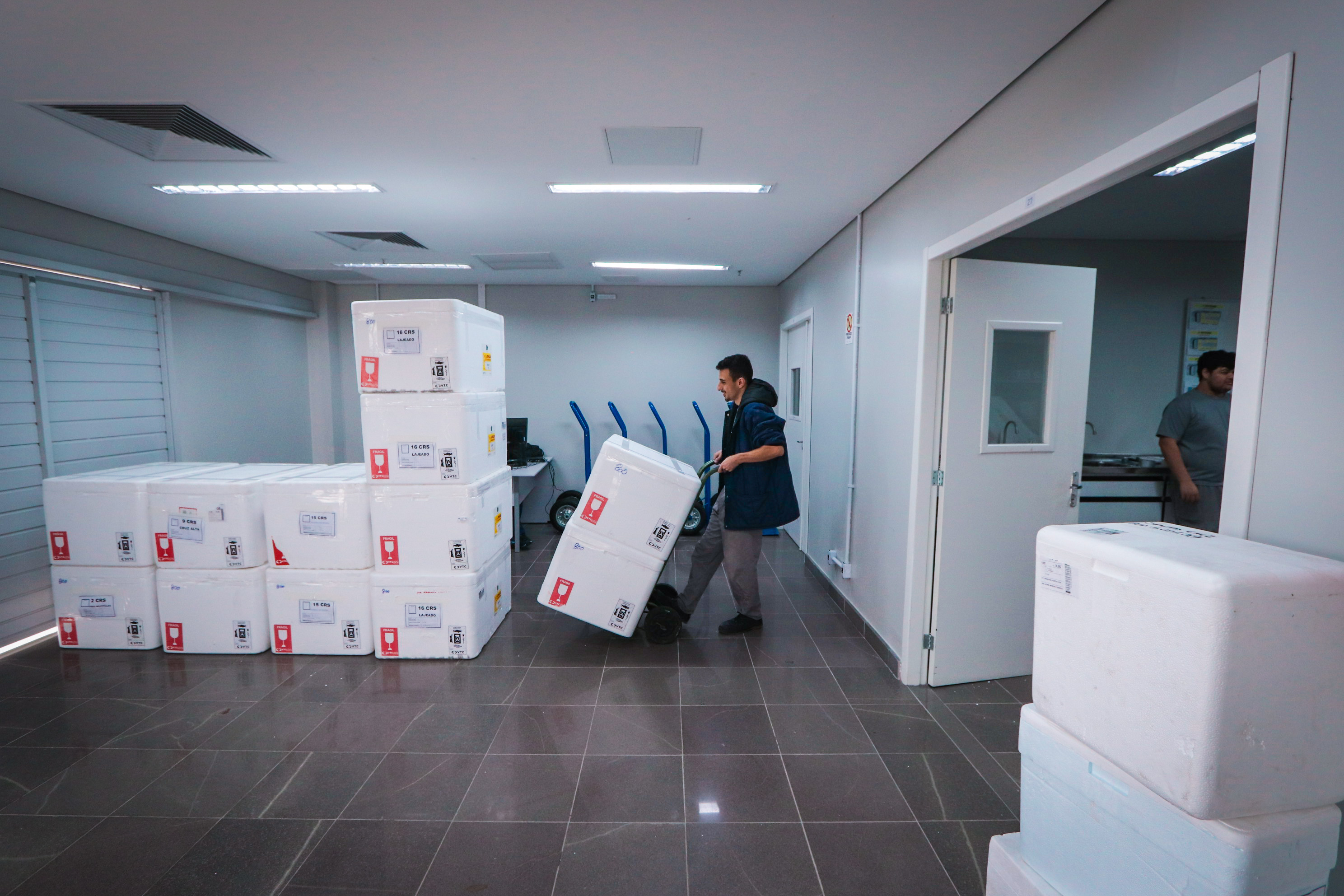 Funcionário do CEVS transporta caixas com vacinas contra a gripe.
