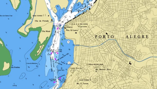 Mapa antigo mostra área de deposição de sedimentos (verde) e Coroa da Balseiras (desenho pontilhado) - Foto: Cartografia de Marinha - levantamentos de 1961 a 1964