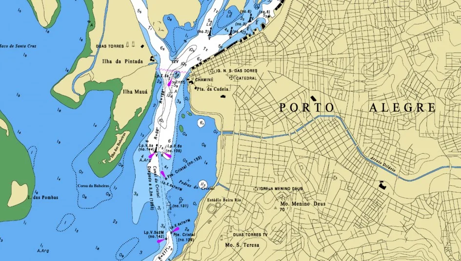 Mapa antigo mostra área de deposição de sedimentos (verde) e Coroa da Balseiras (desenho pontilhado) - Foto: Cartografia de Marinha - levantamentos de 1961 a 1964