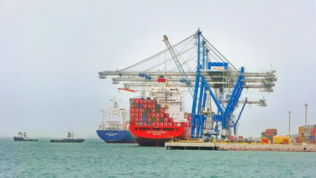 Imagem do Porto de Rio Grande, com uma grande embarcação de carga e contêineres sendo carregada por guindastes.