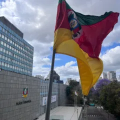 Bandeira do Rio Grande do Sul vista do Palácio Piratini. Ao fundo, o Palácio Farroupilha, sede da Assembleia Legislativa do RS