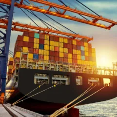 Huge panamax size container vessel discharging and loading container cargo at port terminal. Quay crane pick up container from truck onto ship.