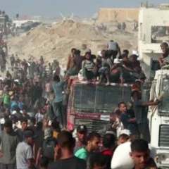 Milhares de pessoas buscam ajuda entregue no posto de fronteira israelense de Zikim, no norte de Gaza. Crédito: United Nations