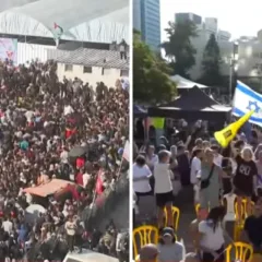 À esquerda chegada dos prisioneiros em Khan Yunis, Gaza | Celebração pela liberdade dos reféns em Tel Aviv - Reprodução de vídeo / NBC News
