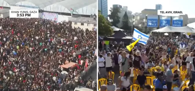 À esquerda chegada dos prisioneiros em Khan Yunis, Gaza | Celebração pela liberdade dos reféns em Tel Aviv - Reprodução de vídeo / NBC News